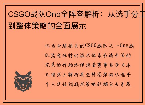 CSGO战队One全阵容解析：从选手分工到整体策略的全面展示