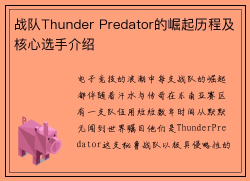 战队Thunder Predator的崛起历程及核心选手介绍